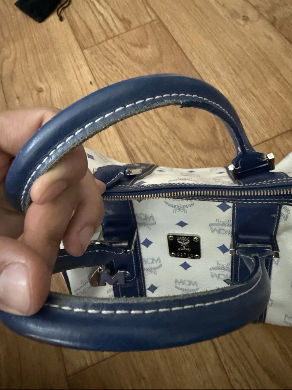 MCM White & Blue Logo Leather Satchel with Charm - Picture 5 of 7